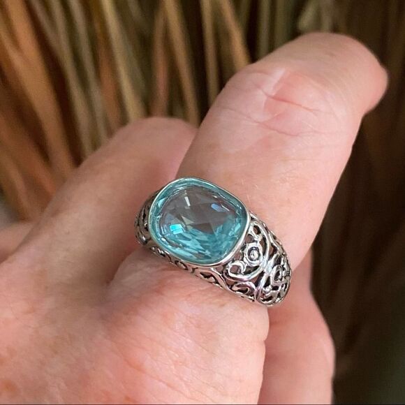 Stainless Steel Sea Blue Faceted Glass Ring sizes 8,9,10 - Picture 2 of 6